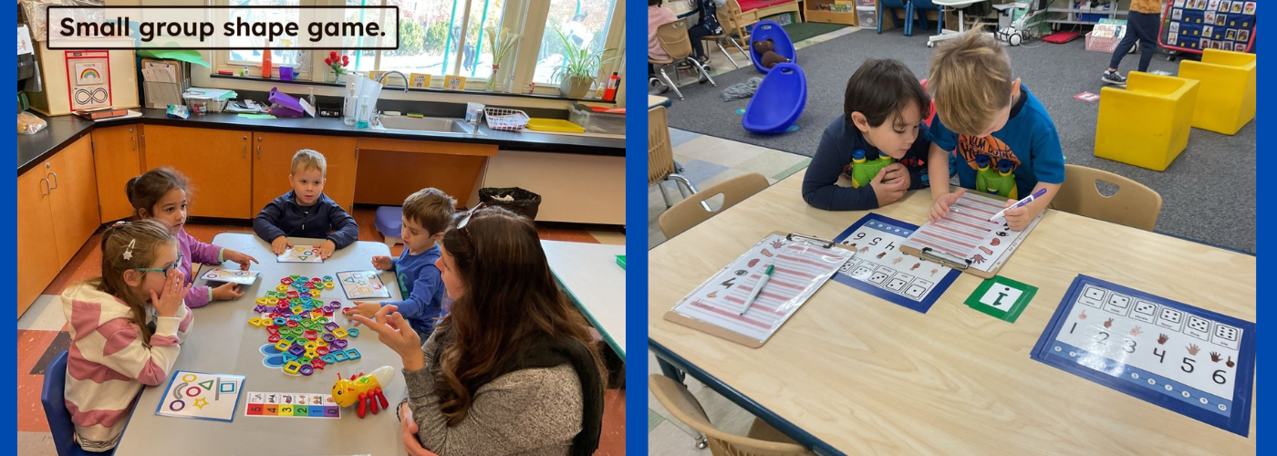 2 pictures, first picture: group of children playing a shape game. Second picture two children working on a worksheet together.