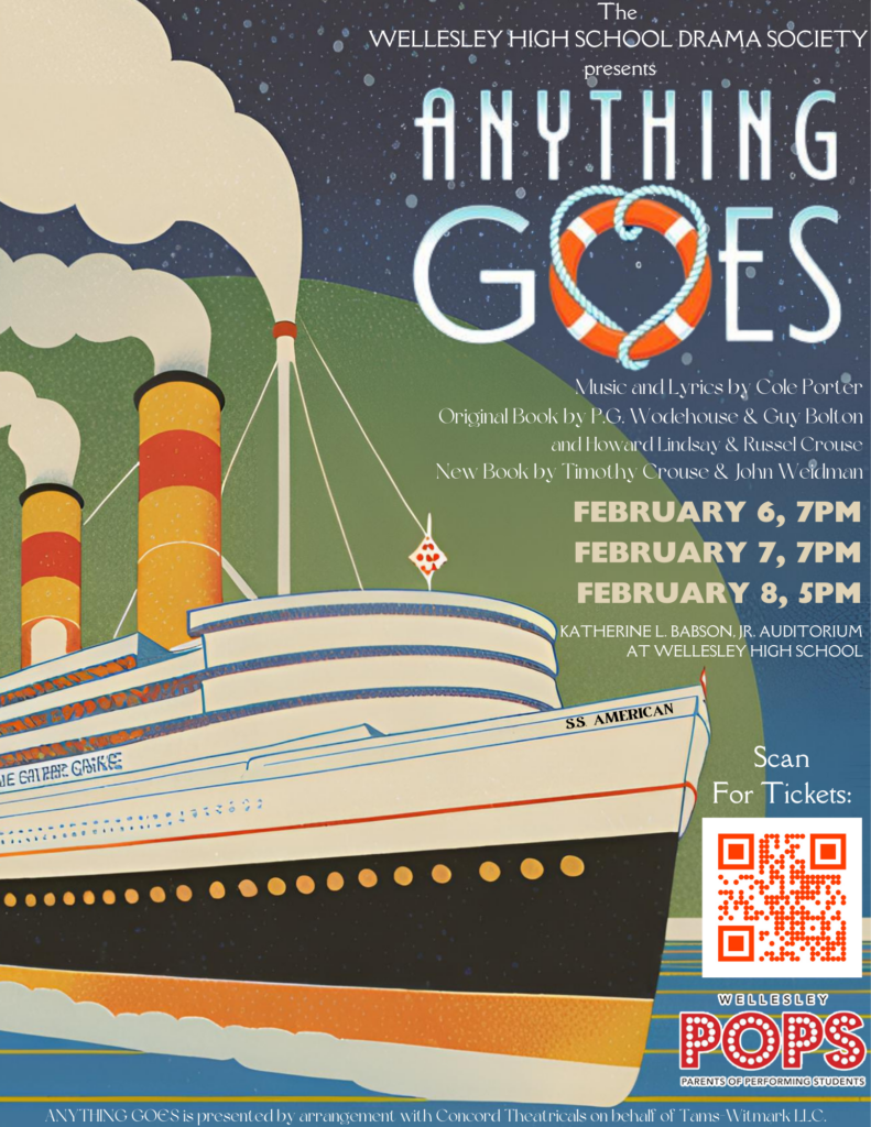 Poster for Anything Goes, WHS Musical February 6 @7pm, February 7 @7pm and February 8 @5pm