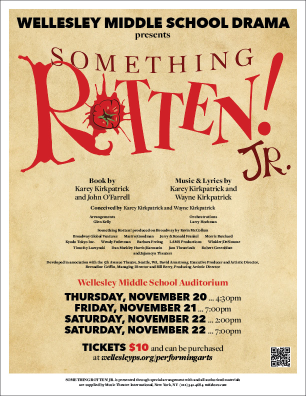 Poster for Something Rotten Jr. show 11/20-22/2025 at Wellesley Middle School