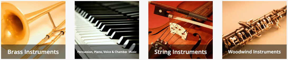 Four images, Image 1 Brass Instruments, Image 2 Percussion, Piano, Voice & Chamber Music, Image 3 String Instruments, Image 4 Woodwind Instruments