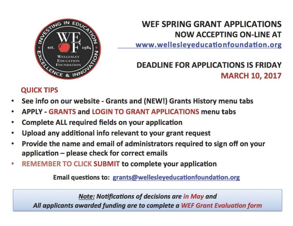 Spring WEF Grant Deadline 3-10-17