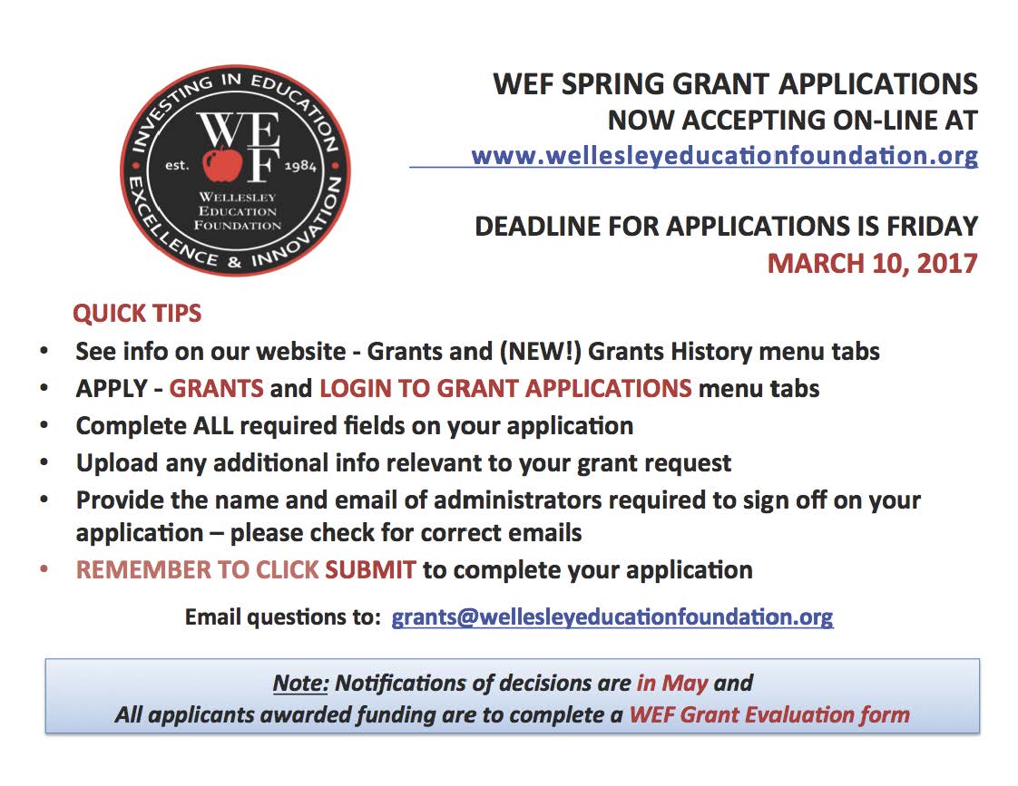 WEF Spring Grant Deadline Friday 3/10/17