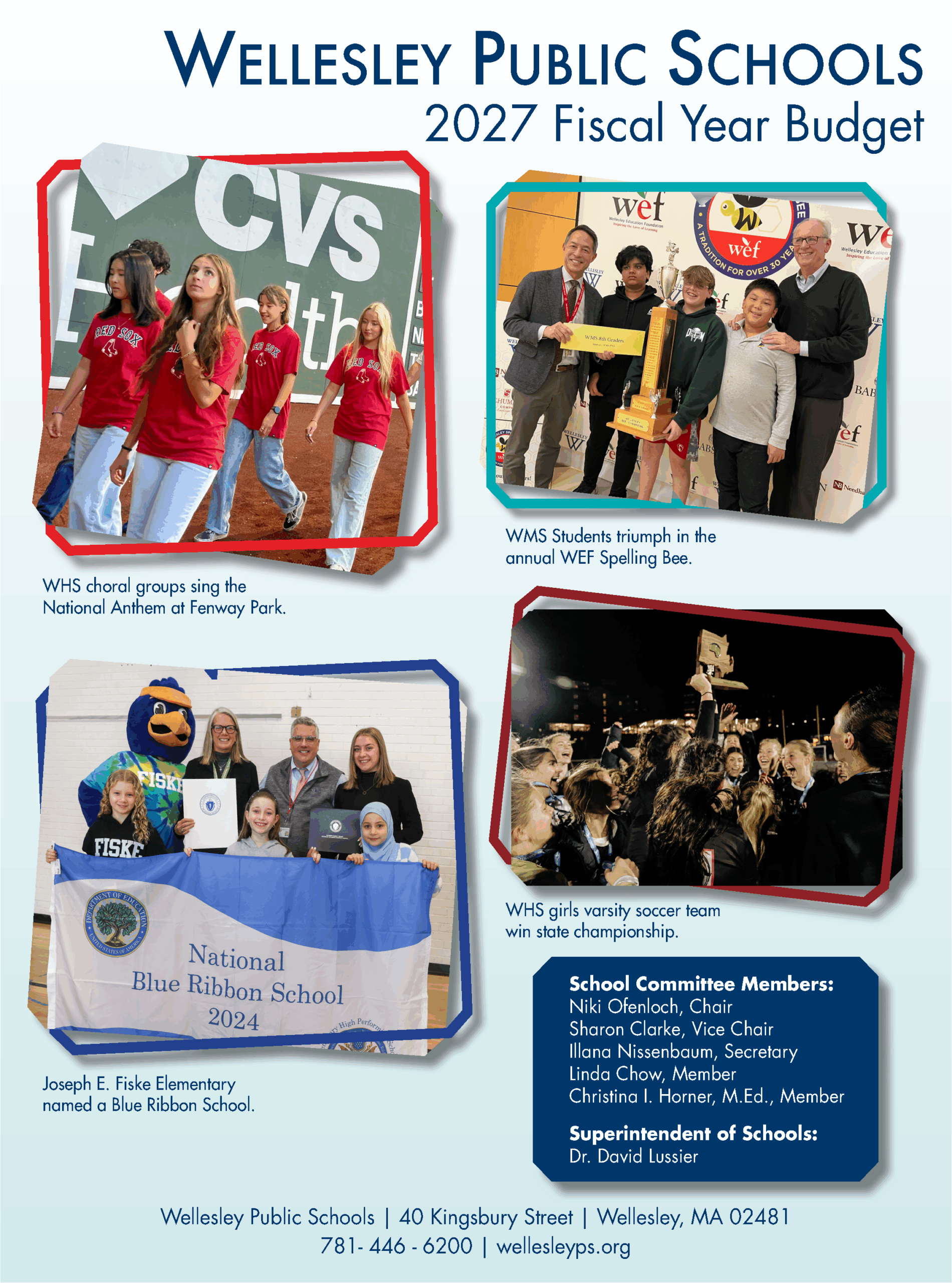 FY27 Budget Book cover with photos of Wellesley Public Schools students and staff