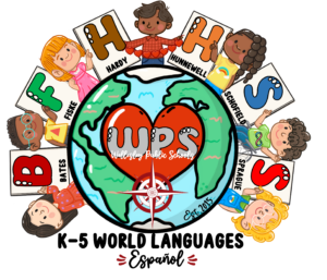 WPS elementary world language logo showing a globe surrounded by six children each holding the name of one of the six Wellesley elementary schools