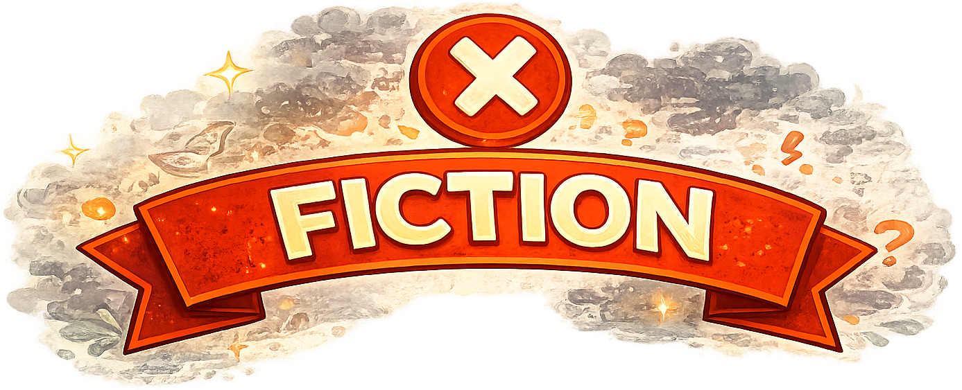 A red ribbon banner with the word "Fiction" and a red X symbol