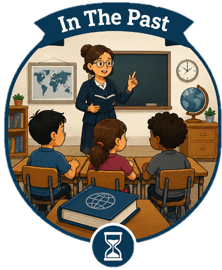 A cartoon of a teacher standing at the front of the classroom at the blackboard lecturing with students sitting in chairs, captioned "In the Past'