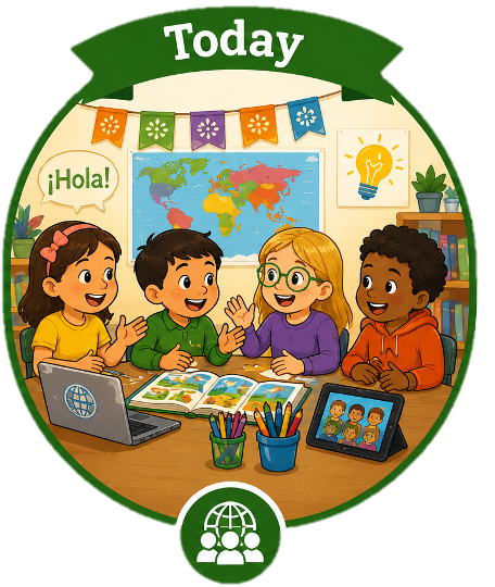 A cartoon of a group of students sitting at a table working on a colorful project together, captioned "Today"