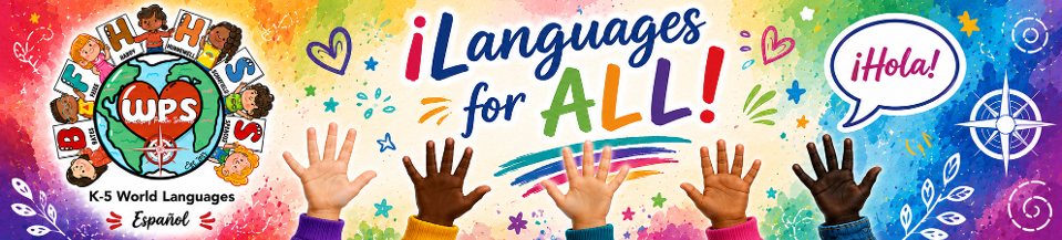 A rainbow colored graphic with five children's hands reaching toward the sky, globe icons, as well as six children holding cards with the six Wellesley elementary school names.