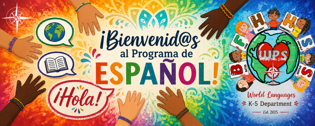 A rainbow colored graphic with six children's hands reaching toward the center, globe icons, as well as six children holding cards with the six Wellesley elementary school names.
