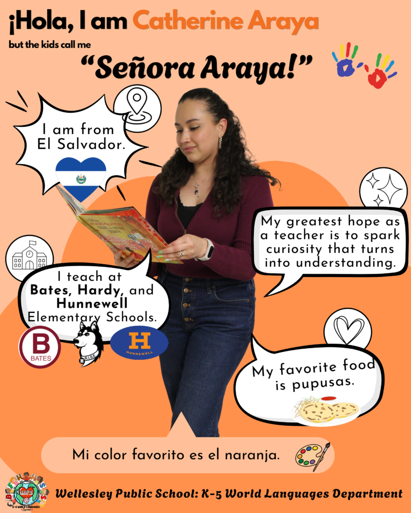 Señora Araya! reading a book. ¡Hola, I am Catherine Araya but the kids call me "Señora Araya!" I am from El Salvador. My greatest hope as a teacher is to spark curiosity that turns into understanding. I teach at Bates, Hardy, and Hunnewell Elementary Schools. My favorite food is pupusas. Mi color favorito es el naranja.