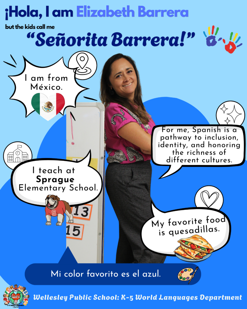 Señorita Barrera leaning against a whiteboard. ¡Hola, I am Elizabeth Barrera but the kids call me "Señorita Barrera!" I am from México. For me, Spanish is a pathway to inclusion, identity, and honoring the richness of different cultures. I teach at Sprague Elementary School. My favorite food is quesadillas. Mi color favorito es el azul.