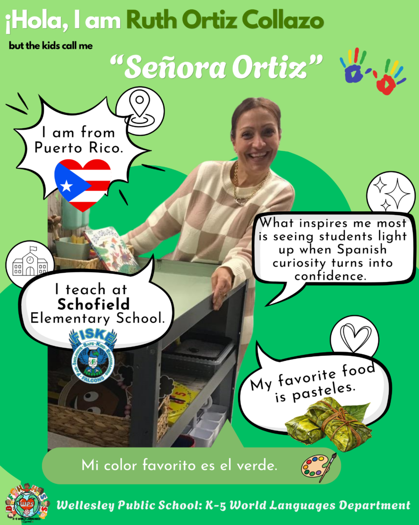 Señora Ortiz pushing a cart of classroom materials. ¡Hola, I am Ruth Ortiz Collazo but the kids call me "Señora Ortiz." I am from Puerto Rico. What inspires me most is seeing students light up when Spanish curiosity turns into confidence. I teach at Schofield Elementary School. My favorite food is pasteles. Mi color favorito es el verde.