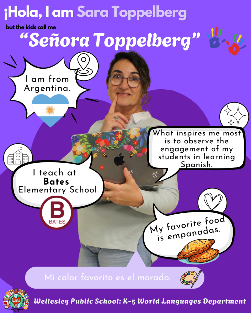 Señora Toppelberg using a laptop with colorful flower stickers on the back. ¡Hola, I am Sara Toppelberg but the kids call me "Señora Toppelberg." I am from Argentina. What inspires me most is to observe the engagement of my students in learning Spanish. I teach at Bates Elementary School. My favorite food is empanadas. Mi color favorito es el morado.