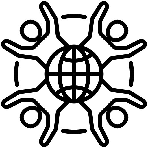 A stick figure graphic of a globe with four people reaching our from the edges
