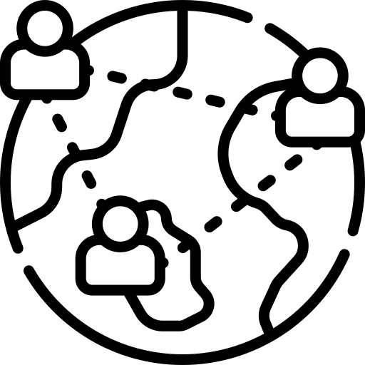 A line drawing of a globe with three people apart but with lines of connection between them