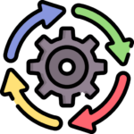 An icon of a gear with four arrows of different colors wrapping around it