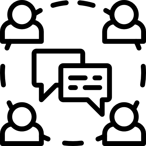 A stick figure graphic of four people in a circle talking to each other