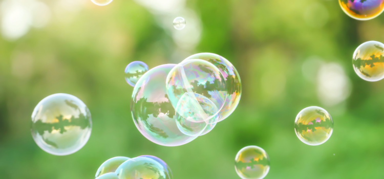 WPS Summer Learning 2026 Iridescent bubbles floating over a grassy green background
